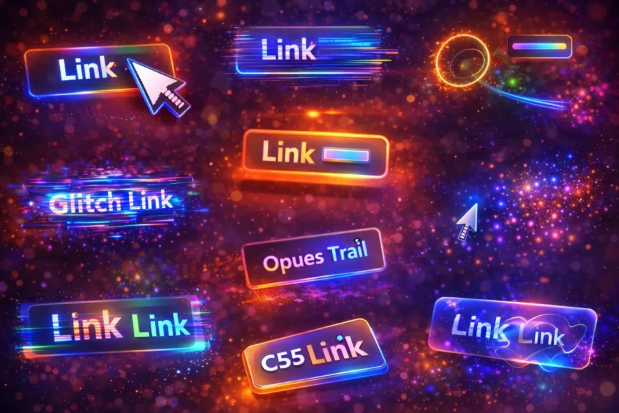 Modern neon-style illustration of interactive CSS link effects with glowing buttons, cursor icons, gradients, and particle trails on a dark futuristic background