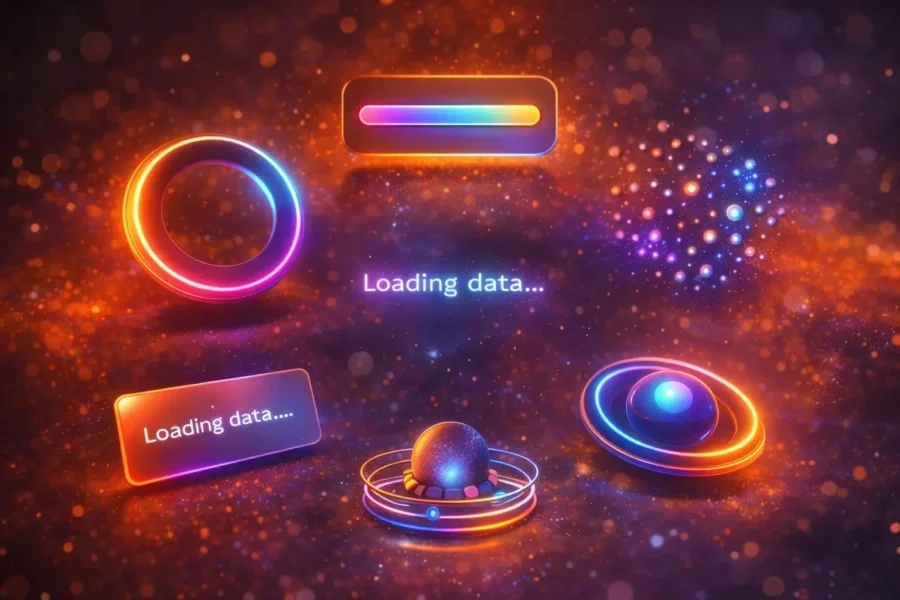 Modern CSS loading animations including neon ring loader, gradient progress bar and particle loader in futuristic UI style