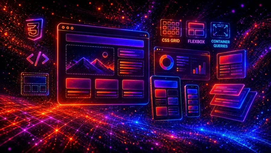 Futuristic neon illustration of modern CSS layouts, CSS Grid, Flexbox, container queries, responsive website sections, UI cards, dashboards, and web layout examples.