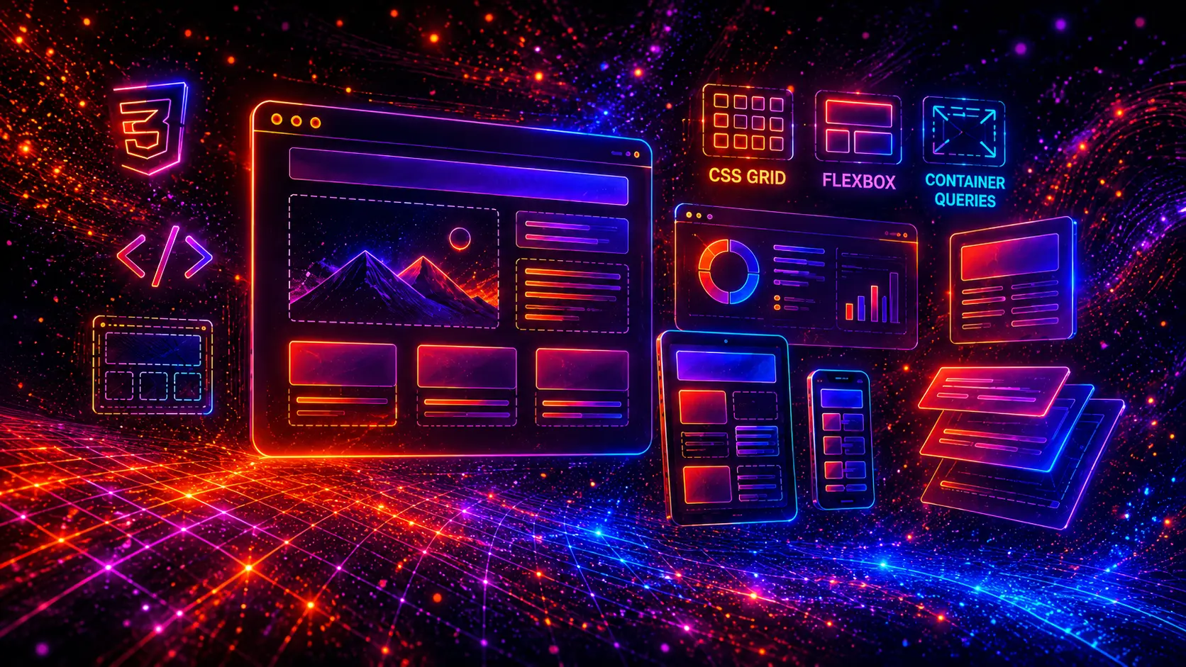 Futuristic neon illustration of modern CSS layouts, CSS Grid, Flexbox, container queries, responsive website sections, UI cards, dashboards, and web layout examples.