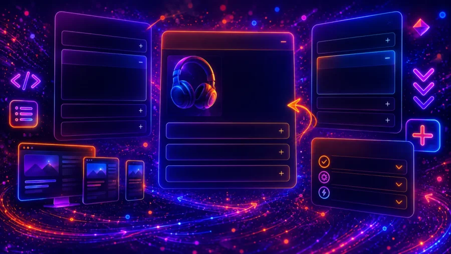 Modern website hero section design examples with futuristic neon UI elements, glowing web layouts, responsive landing page mockups, and HTML CSS interface graphics.