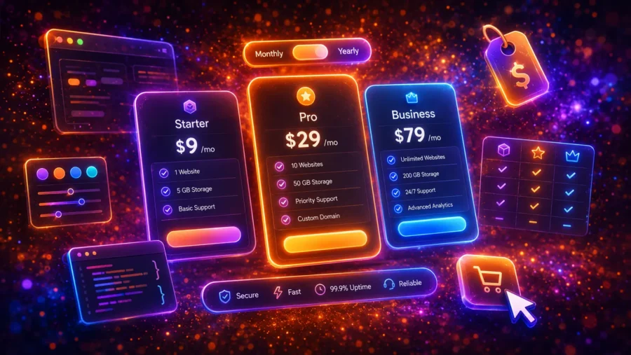 Futuristic neon illustration of responsive CSS pricing tables with glowing plan cards, monthly and yearly toggle, comparison checklist, price tag, CTA buttons, and web design UI elements.
