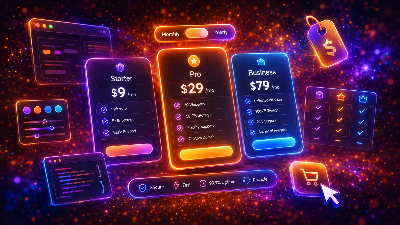 Futuristic neon illustration of responsive CSS pricing tables with glowing plan cards, monthly and yearly toggle, comparison checklist, price tag, CTA buttons, and web design UI elements.