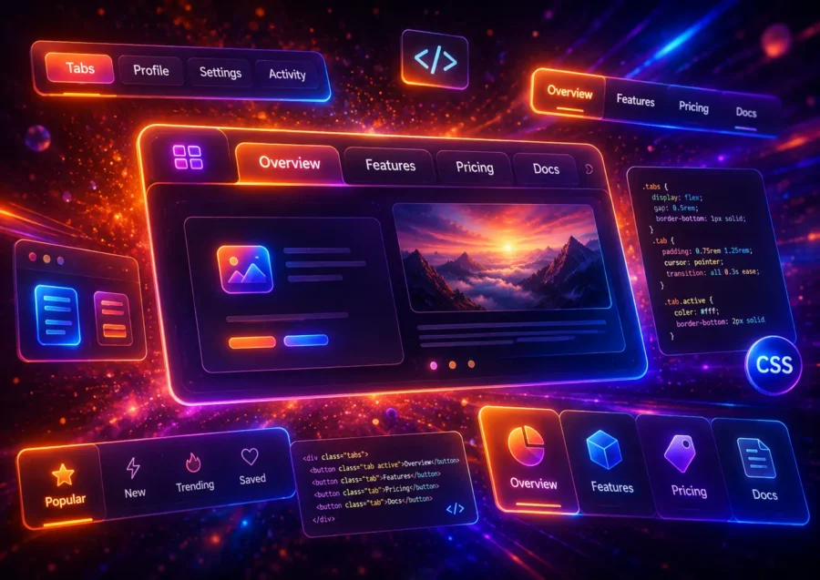 Futuristic neon web interface with modern CSS tabs, glowing tab buttons, responsive content panels, UI cards, and code snippets for a website design guide.