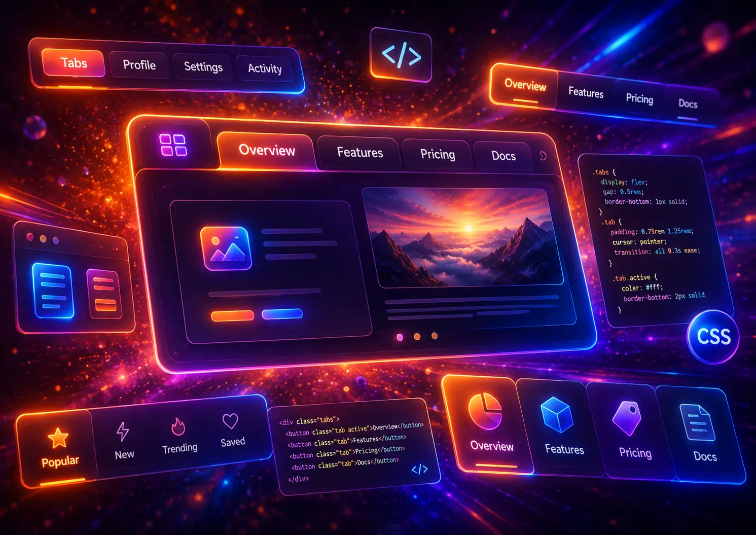 Futuristic neon web interface with modern CSS tabs, glowing tab buttons, responsive content panels, UI cards, and code snippets for a website design guide.