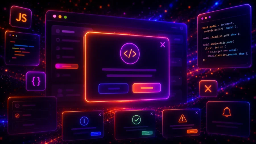 Futuristic neon JavaScript modal interface with glowing popup windows, overlay panels, close icons, buttons, and code elements on a dark web development background.