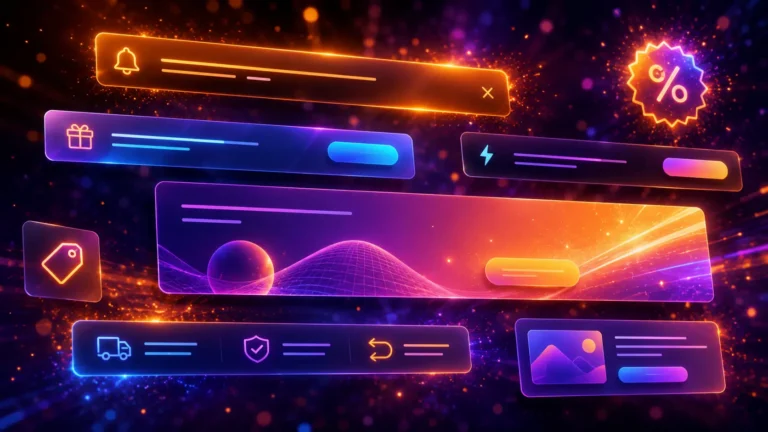Futuristic neon website banner UI elements with glowing promo bars, notification cards, coupon icons, CTA buttons, and colorful CSS-style interface components on a dark digital background.