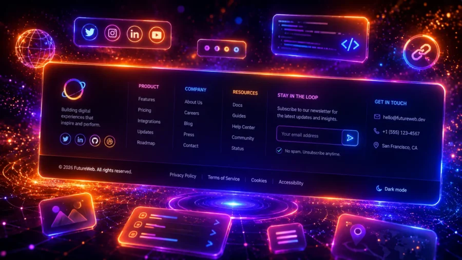 Futuristic neon website footer design with glowing footer columns, newsletter signup, social icons, contact details, legal links, and floating UI elements on a dark digital background.