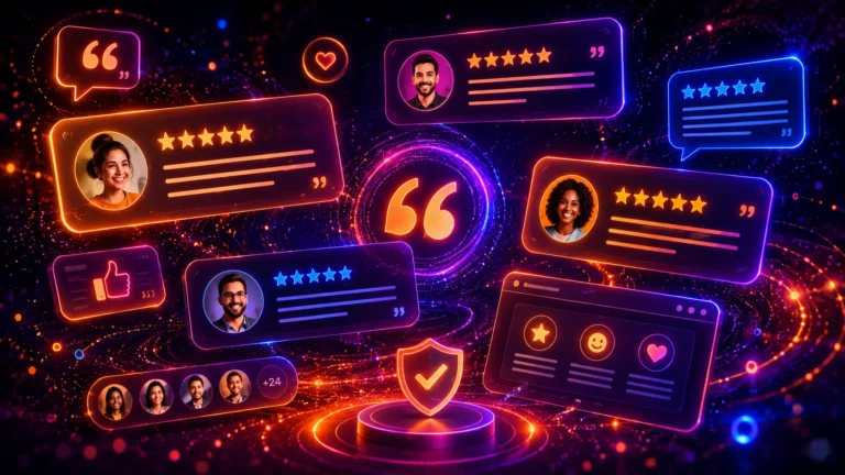 Futuristic neon testimonial cards, customer reviews, star ratings, quote bubbles, and trust icons showing modern CSS testimonial section design examples.