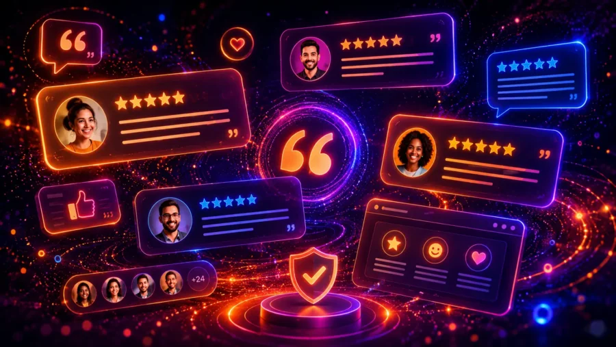 Futuristic neon testimonial cards, customer reviews, star ratings, quote bubbles, and trust icons showing modern CSS testimonial section design examples.