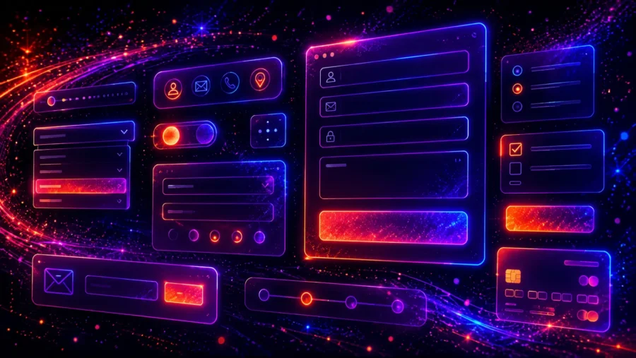 Modern CSS forms for websites with neon UI form elements, input fields, checkboxes, buttons and responsive form layouts