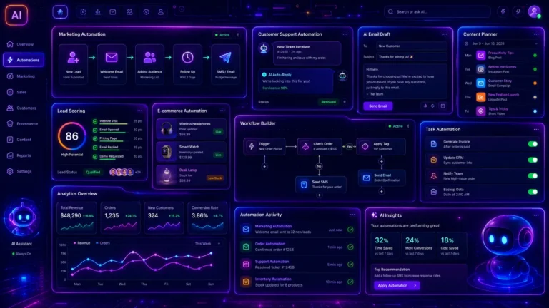Futuristic AI automation dashboard for small businesses with workflow builder, marketing automation, customer support automation, lead scoring, ecommerce tasks, email drafts, content planner, analytics panels, AI assistant robot, and neon purple-blue interface.