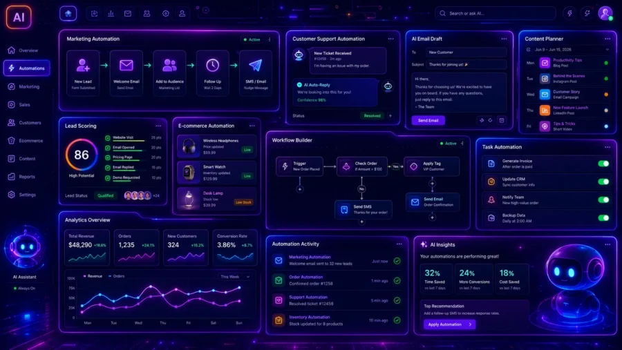 Futuristic AI automation dashboard for small businesses with workflow builder, marketing automation, customer support automation, lead scoring, ecommerce tasks, email drafts, content planner, analytics panels, AI assistant robot, and neon purple-blue interface.