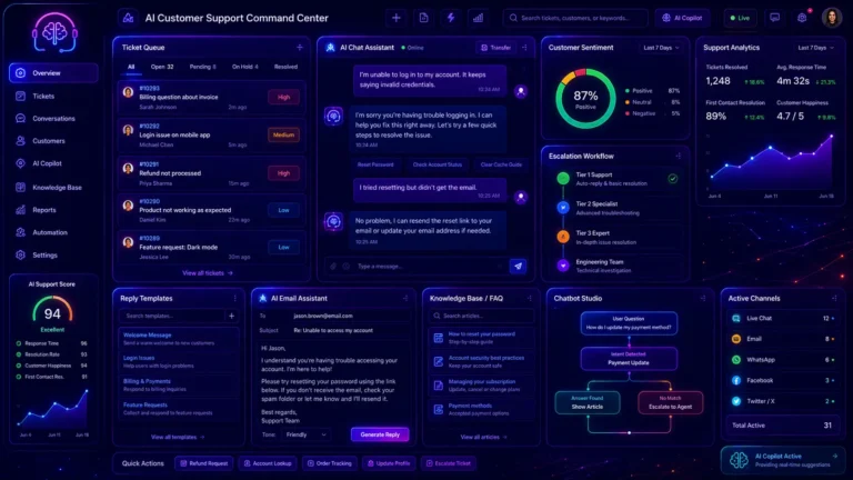 Futuristic AI customer support dashboard with help desk tickets, live chatbot conversation, support email assistant, customer sentiment score, escalation workflow, knowledge base FAQ panel, reply templates, analytics cards, and neon purple-blue interface.
