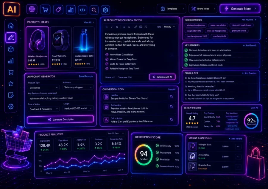 Futuristic ecommerce AI dashboard with product description editor, product cards, SEO keyword panel, key benefits, FAQ builder, review insights, conversion analytics, and neon prompt generator interface.