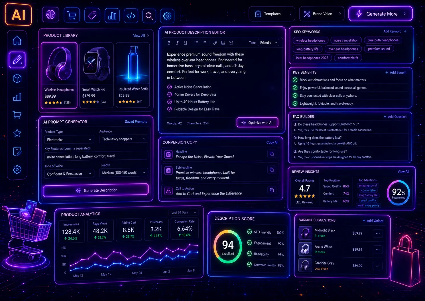 Futuristic ecommerce AI dashboard with product description editor, product cards, SEO keyword panel, key benefits, FAQ builder, review insights, conversion analytics, and neon prompt generator interface.