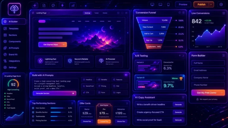 Futuristic AI landing page dashboard with hero section builder, conversion funnel, live conversions, A/B testing cards, lead form builder, offer cards, CTA generator, AI copy assistant, and neon purple-blue UI design.