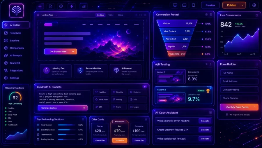 Futuristic AI landing page dashboard with hero section builder, conversion funnel, live conversions, A/B testing cards, lead form builder, offer cards, CTA generator, AI copy assistant, and neon purple-blue UI design.