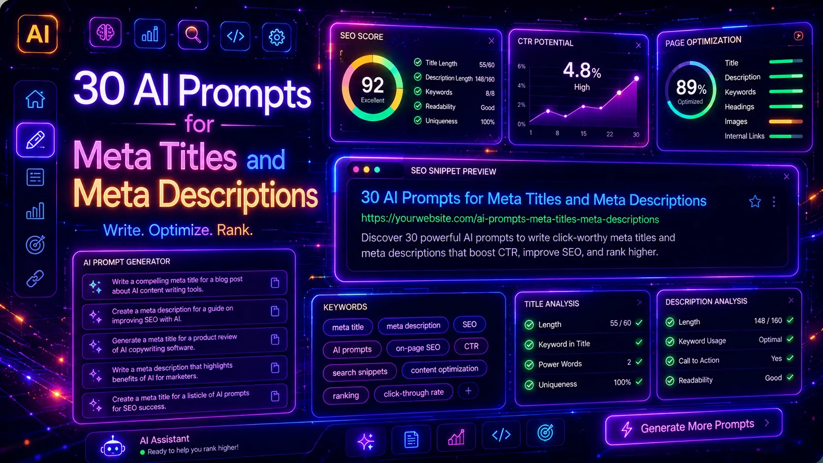 Futuristic AI SEO metadata dashboard with meta title and meta description editor, Google snippet preview, CTR chart, keyword tags, SEO score panels, and neon AI prompt generator interface.