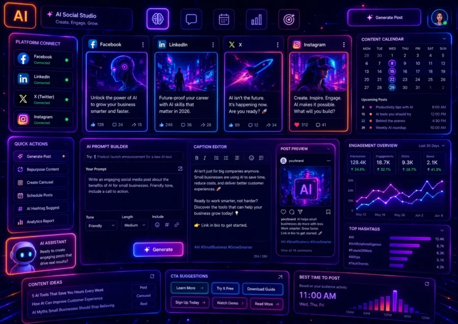 Futuristic AI social media dashboard with Facebook, LinkedIn, X and Instagram post cards, AI prompt builder, caption editor, content calendar, engagement analytics, hashtag suggestions, and neon UI design.