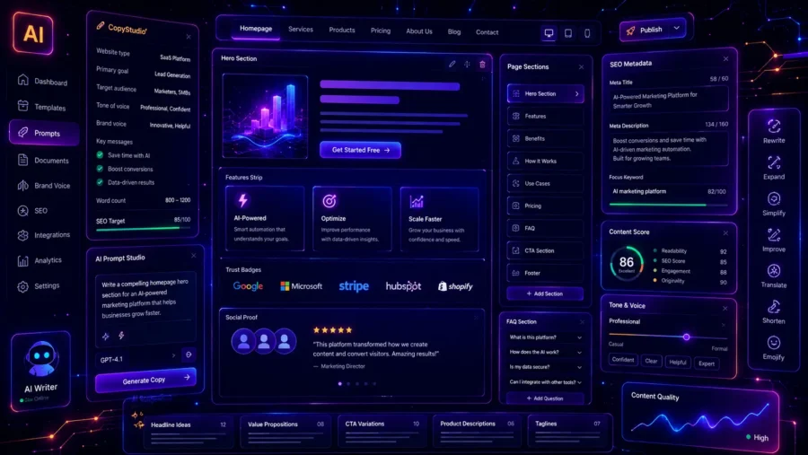 Futuristic AI website copywriting dashboard with homepage editor, hero section builder, CTA variations, brand voice controls, SEO metadata panel, content score, trust badges, FAQ section, and neon purple-blue interface.