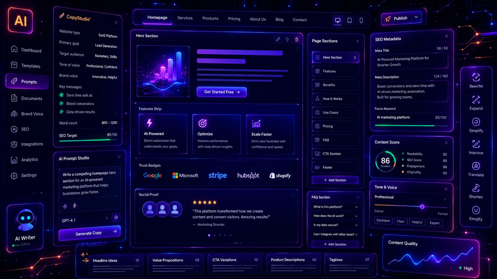 Futuristic AI website copywriting dashboard with homepage editor, hero section builder, CTA variations, brand voice controls, SEO metadata panel, content score, trust badges, FAQ section, and neon purple-blue interface.