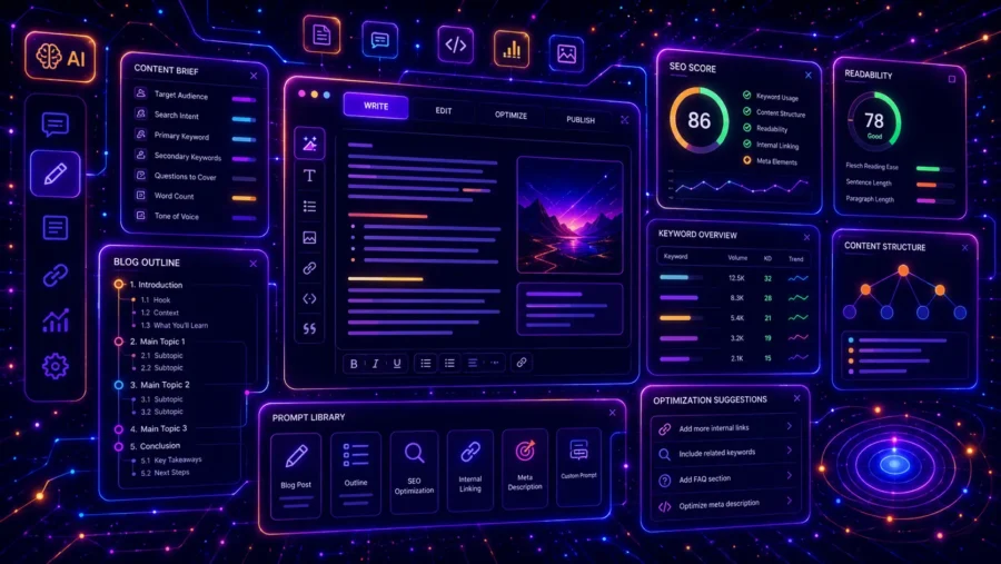Futuristic AI content writing dashboard with SEO score, blog outline, keyword overview, prompt library, readability panel, and neon UI elements.