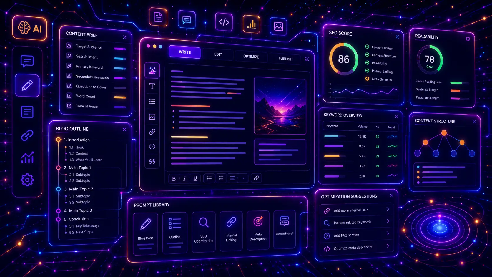 Futuristic AI content writing dashboard with SEO score, blog outline, keyword overview, prompt library, readability panel, and neon UI elements.