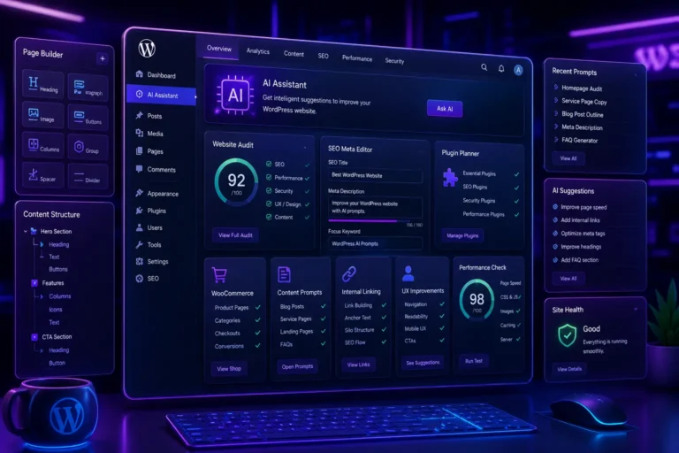 Futuristic WordPress AI dashboard with website audit panel, SEO meta editor, plugin planner, Gutenberg page builder blocks, WooCommerce section, internal linking tools, UX improvements, performance checklist, and neon purple-blue UI design.
