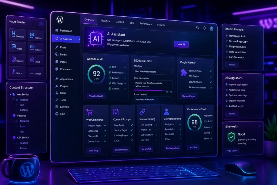 Futuristic WordPress AI dashboard with website audit panel, SEO meta editor, plugin planner, Gutenberg page builder blocks, WooCommerce section, internal linking tools, UX improvements, performance checklist, and neon purple-blue UI design.