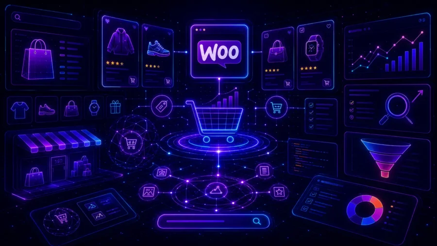 WooCommerce ecommerce SEO dashboard with product cards, shopping cart, category panels, review stars, search bar, product schema nodes, conversion funnel and analytics charts in a neon interface.