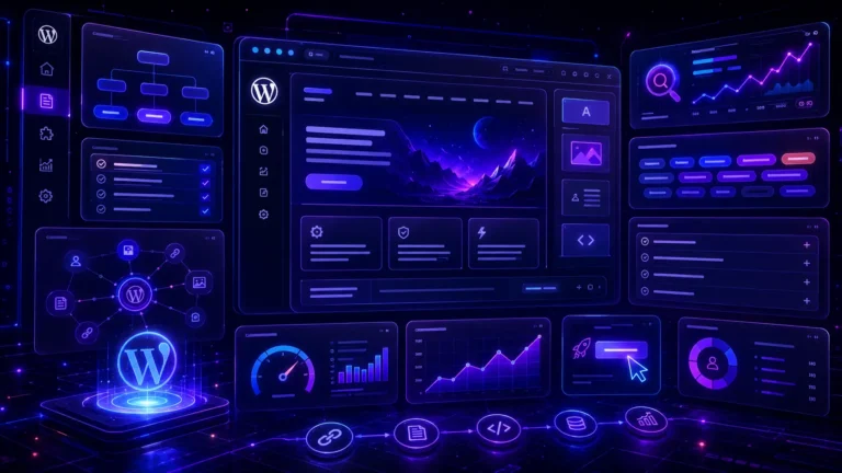 Futuristic WordPress service page SEO dashboard with page structure panels, keyword modules, FAQ blocks, CTA buttons, schema nodes, internal linking icons and analytics charts in a neon interface.