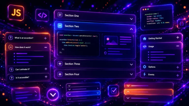 Futuristic neon JavaScript accordion UI illustration with glowing expandable FAQ panels, code snippets, plus and minus icons, and dark purple blue interface elements.