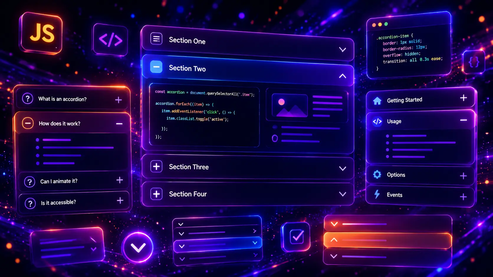 Futuristic neon JavaScript accordion UI illustration with glowing expandable FAQ panels, code snippets, plus and minus icons, and dark purple blue interface elements.