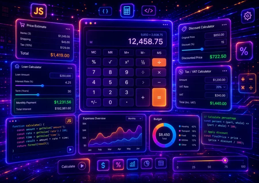 Futuristic neon JavaScript calculator dashboard with glowing price estimate, loan calculator, discount calculator, tax/VAT calculator, charts, code panels, formula widgets, and interactive UI elements.