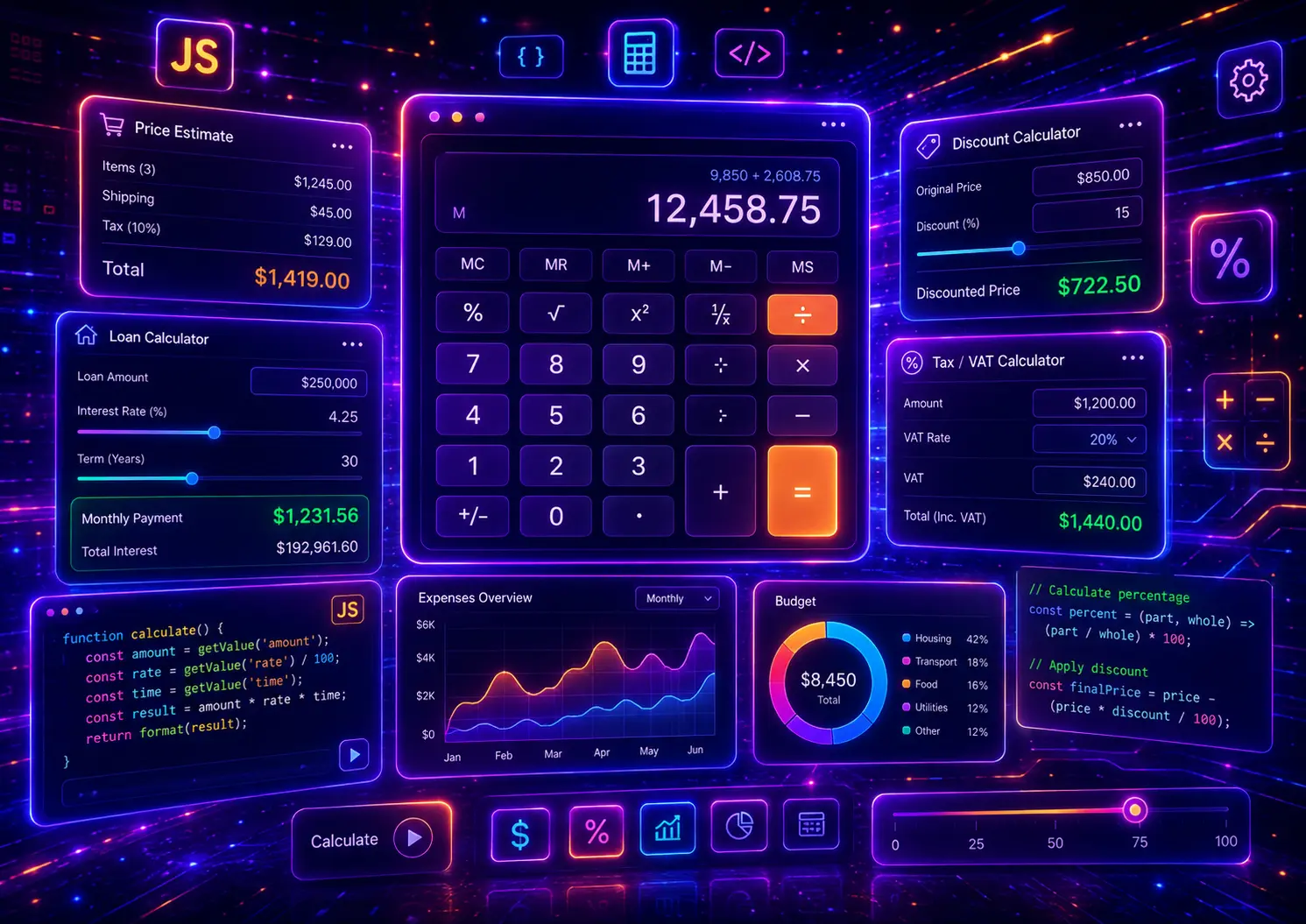Futuristic neon JavaScript calculator dashboard with glowing price estimate, loan calculator, discount calculator, tax/VAT calculator, charts, code panels, formula widgets, and interactive UI elements.