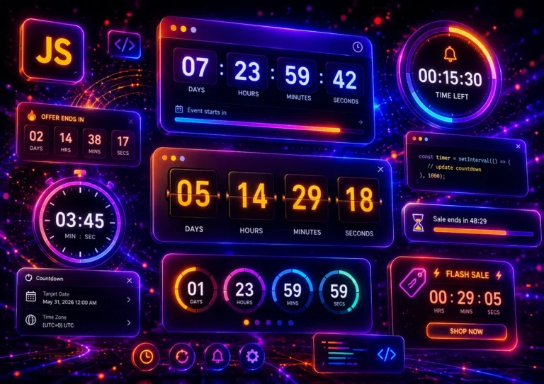 Futuristic neon JavaScript countdown timer interface with glowing timer cards, circular countdown rings, progress bars, sale timers, and digital UI panels on a dark cyberpunk background.