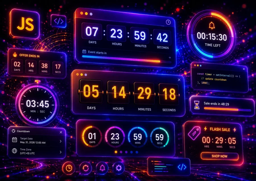 Futuristic neon JavaScript countdown timer interface with glowing timer cards, circular countdown rings, progress bars, sale timers, and digital UI panels on a dark cyberpunk background.