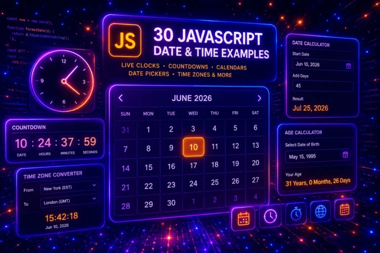 Futuristic neon JavaScript date and time dashboard with calendar, clock, countdown timer, timezone converter and age calculator UI components.