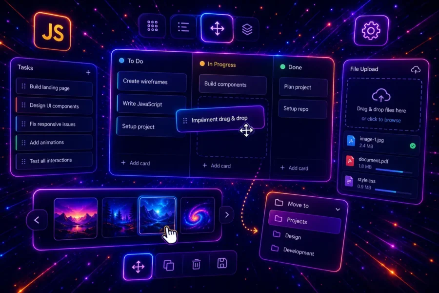 Futuristic neon JavaScript drag and drop interface with Kanban board, draggable cards, file upload panel, gallery sorting UI and glowing purple-blue tech background.