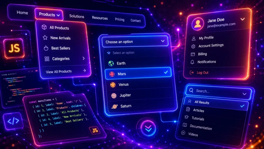 Futuristic neon JavaScript dropdown menu interface with glowing navigation dropdowns, custom select panels, profile menus, search filters, and code elements on a vibrant purple-blue tech background