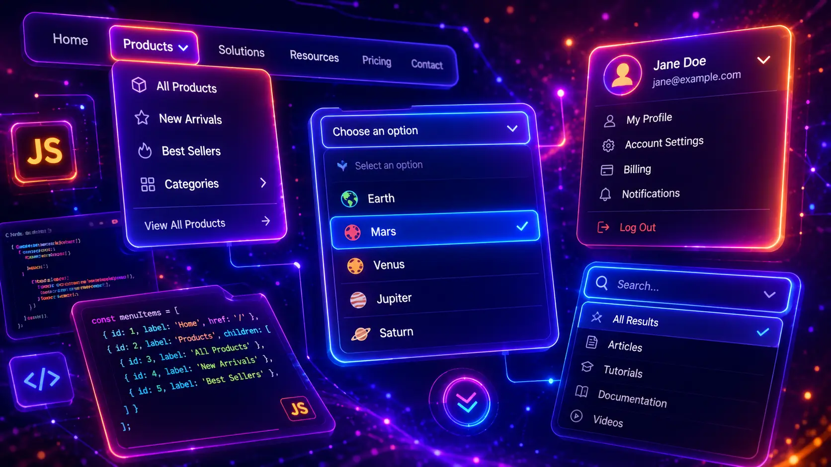 Futuristic neon JavaScript dropdown menu interface with glowing navigation dropdowns, custom select panels, profile menus, search filters, and code elements on a vibrant purple-blue tech background