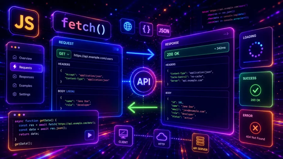 Futuristic neon JavaScript Fetch API interface with glowing request and response panels, fetch() code, JSON data, API arrows, loading, success and error status cards.