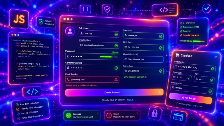 Futuristic neon JavaScript form validation interface with glowing input fields, password strength checks, checkout validation, success messages, error alerts, and code panels.