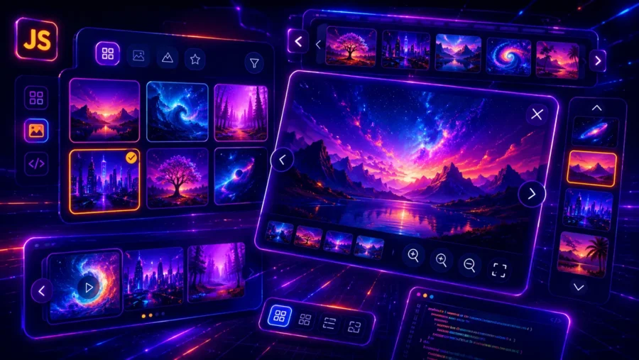Futuristic neon JavaScript image gallery interface with glowing thumbnails, lightbox preview, filter controls, zoom buttons and responsive gallery UI panels.