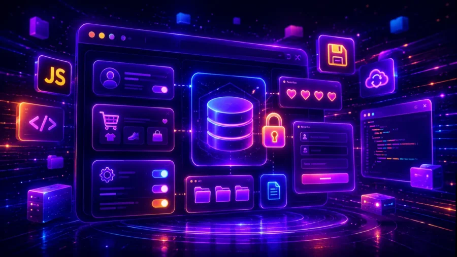 Futuristic neon JavaScript localStorage illustration with glowing browser UI panels, database storage icon, save icon, wishlist hearts, shopping cart, settings toggles and code editor elements.