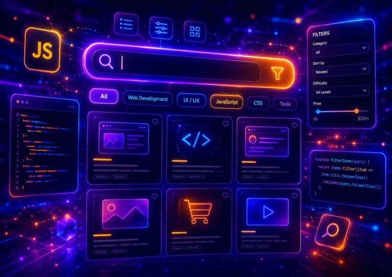 Futuristic neon JavaScript search filter interface with glowing search bar, filter buttons, result cards, code panels, and dashboard-style UI components.