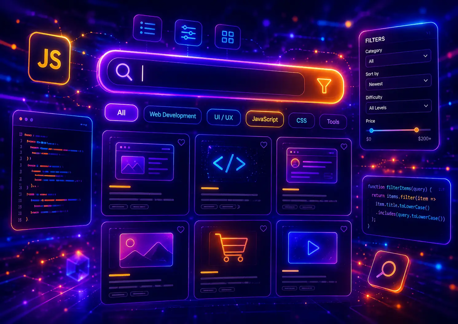 Futuristic neon JavaScript search filter interface with glowing search bar, filter buttons, result cards, code panels, and dashboard-style UI components.