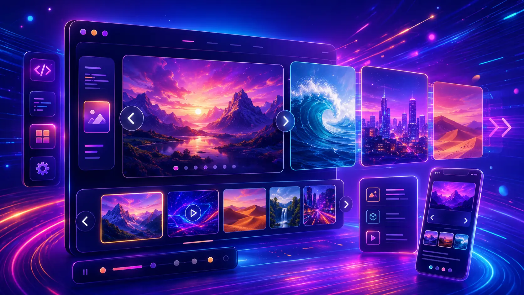 Futuristic JavaScript slider interface with image carousel cards, navigation arrows, pagination dots and responsive UI panels