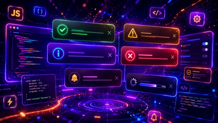 Futuristic neon JavaScript toast notification UI with floating success, warning, error, info, progress, and alert message cards on a dark cyberpunk web interface background.